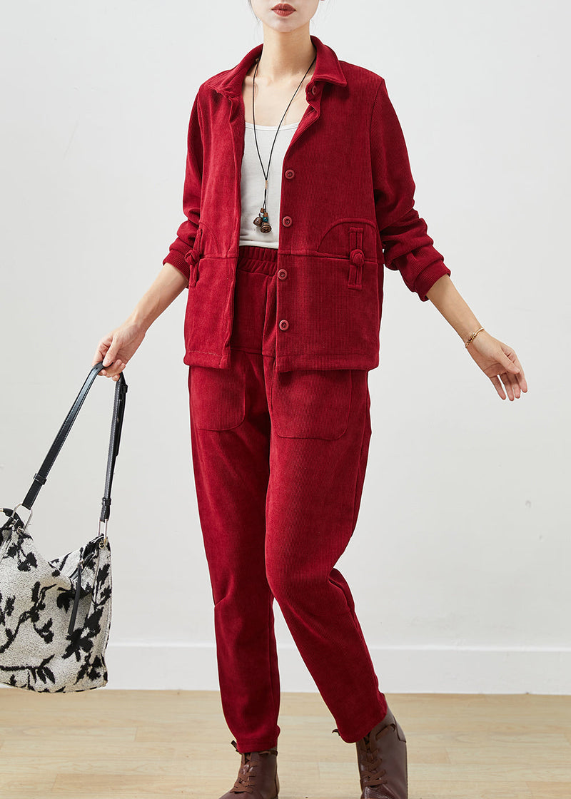 Mulberry Chinese Button Patchwork Warm Fleece Two Pieces Set Winter