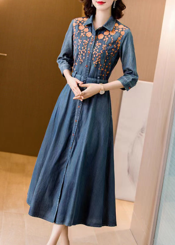 Fitted Blue Embroideried Tie Waist Patchwork Denim Dress Bracelet Sleeve