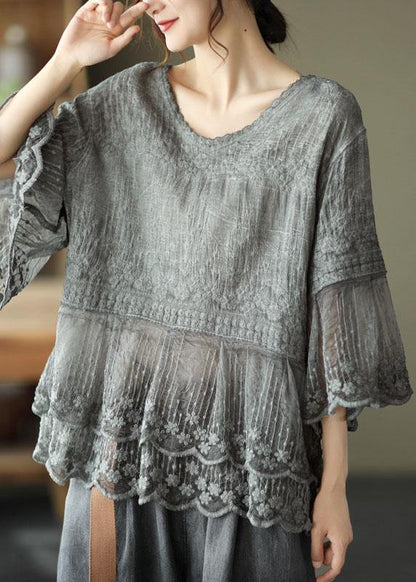 Loose Khaki O-neck Embroideried Patchwork Summer Shirts Half Sleeve