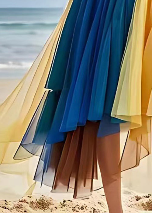 Yellow Wrinkled Elastic Waist Tulle Skirts Summer