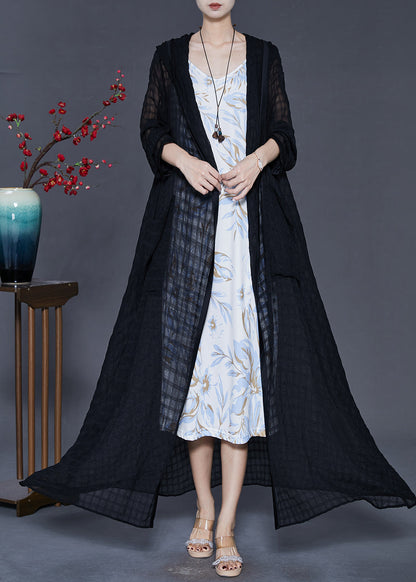 Black Hooded Plaid Tulle Cardigans Spring