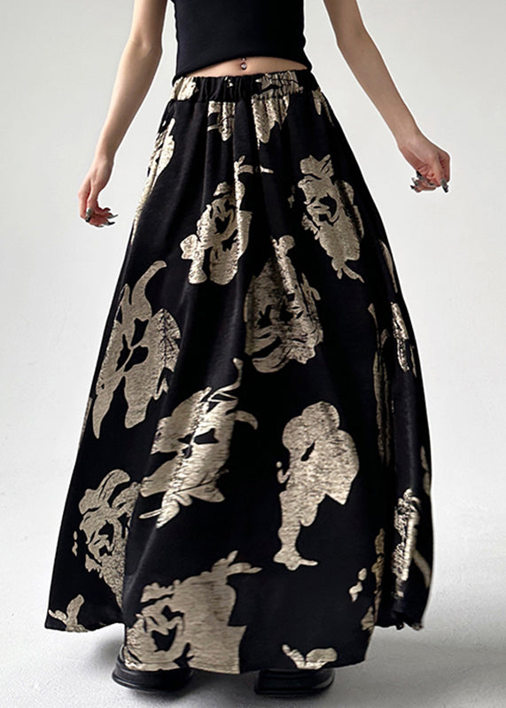 Chinese Style Black Print Elastic Waist a Line Skirts