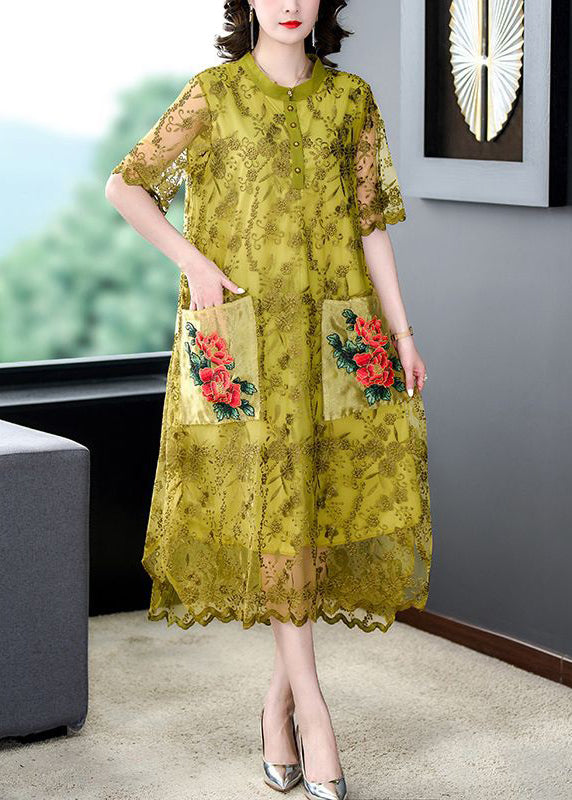 Yellow Embroideried Pockets Patchwork Tulle Dress Summer