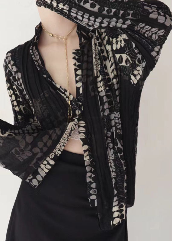 Black Wrinkled Patchwork Tulle Blouse Tops Fall