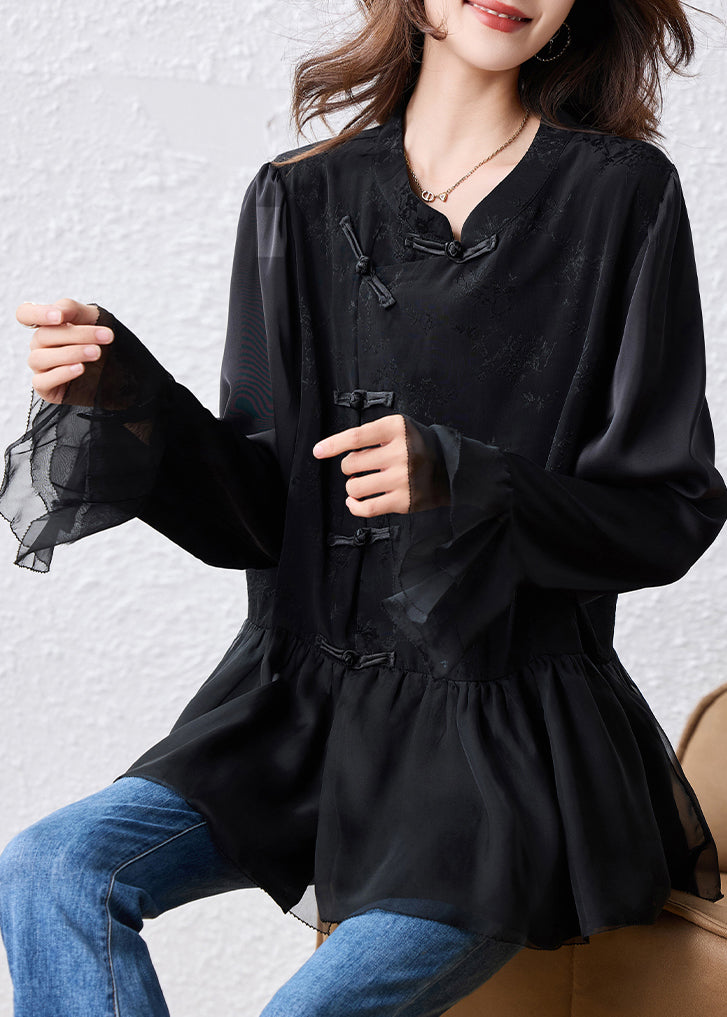 Black Chinese Button Patchwork Silk Shirt Tops Flare Sleeve