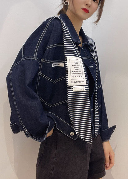 Navy Pockets Button Patchwork Fall Long Sleeve Denim Coat