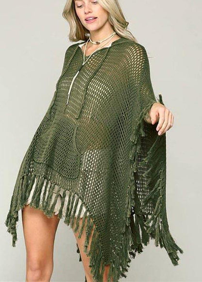 Organic Army Green Knit Fabric Hooded Tassel Beach Gown Holiday Dress