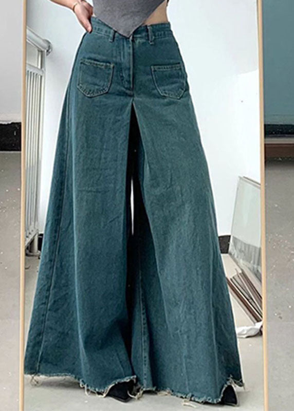 Blue Pockets Draping Wide Leg Jeans Spring