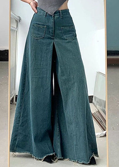Blue Pockets Draping Wide Leg Jeans Spring