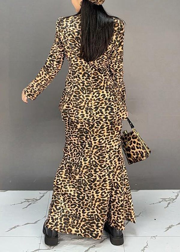 Leopard Coat and Skirts Two Pieces Set Fall