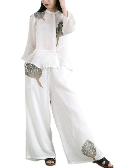 Loose White Stand Collar Patchwork Linen Two Pieces Set Flare Sleeve