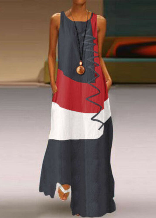 Sleeveless Patchwork O-neck Side Pocket Long Maxi Dress
