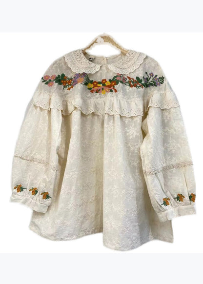 Beige Embroideried Ruffled Patchwork Cotton Shirt Long Sleeve