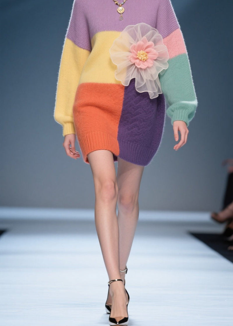 Stylish Colorblock O Neck Knit Sweater Dress Fall
