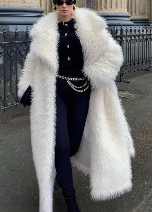 Modern White Peter Pan Collar Thick Warm Faux Fur Coats Winter