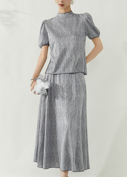 Grey Turtleneck Top and Maxi Skirts Two Pieces Set Puff Sleeve