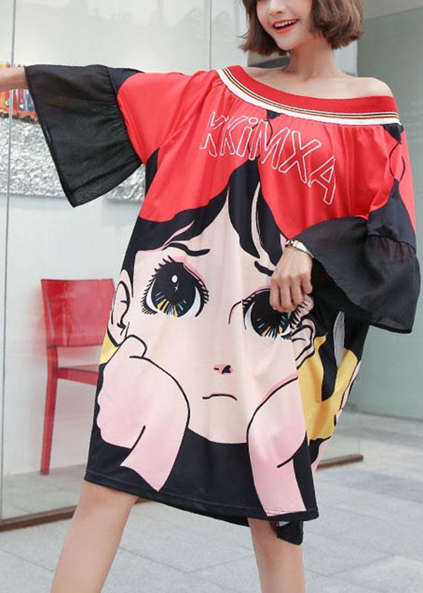 Handmade Red Slash Neck Flare Sleeve Summer Holiday Dress