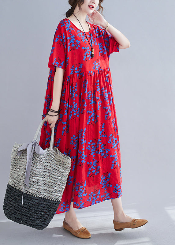 Red Print Patchwork Maxi Dresses Short Sleeve
