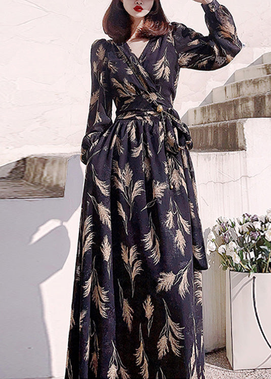 Black V Neck Print Slim Long Dress Long Sleeve