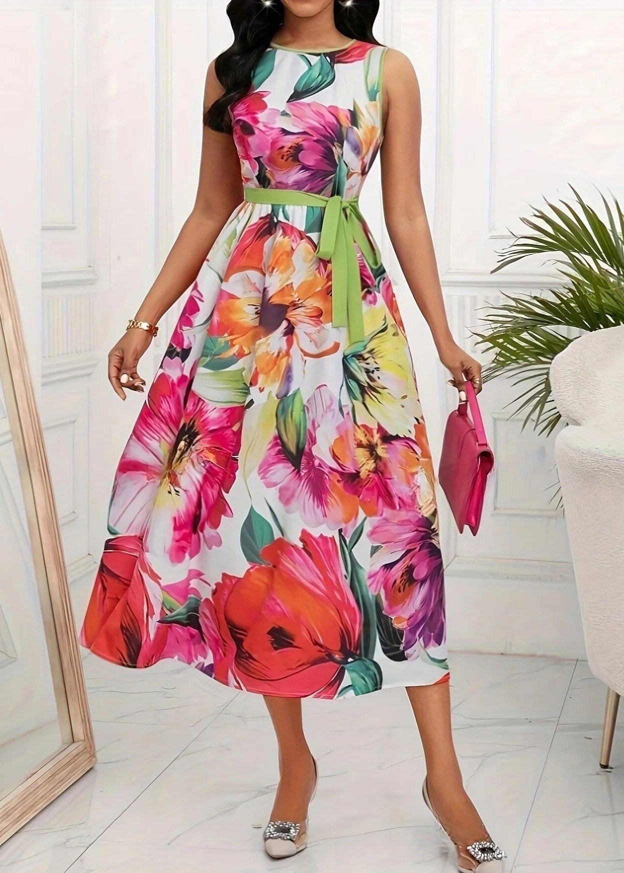 Red O-neck Print Tie Waist Maxi Dress Sleeveless Summer