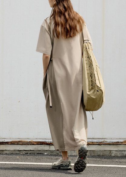 Khaki Stand Collar Pockets Patchwork Cotton Dress Summer