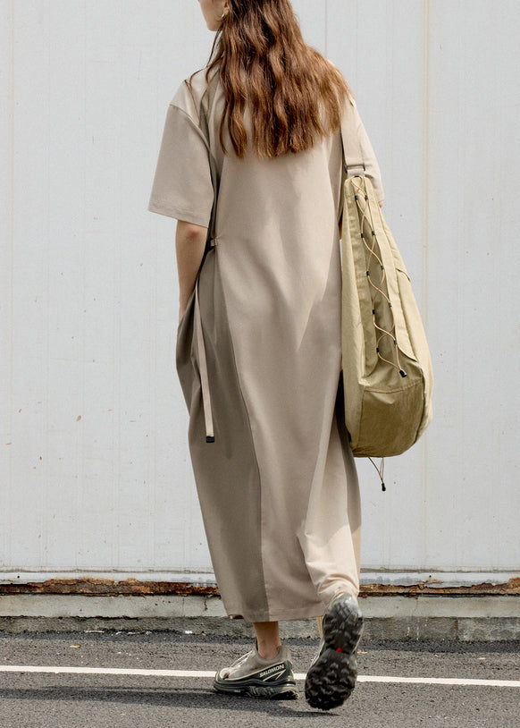 Khaki Stand Collar Pockets Patchwork Cotton Dress Summer