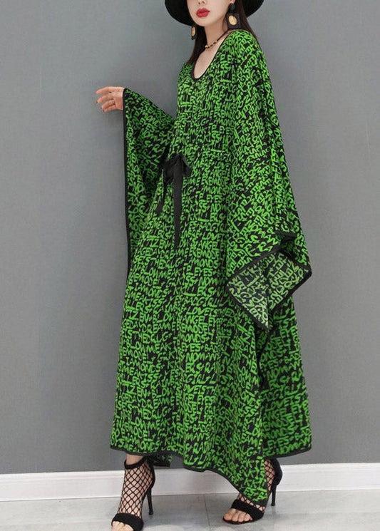 Green O-neck Print Batwing Dresses Long Sleeve