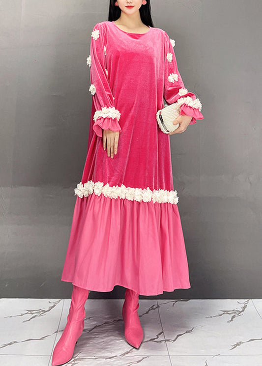Boutique Red O-neck Embroidered Silk Velour Long Dresses Fall