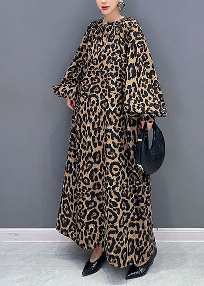 Leopard Print O-neck Long Dress Long Sleeve