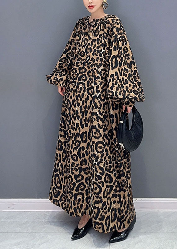 Leopard Print O-neck Long Dress Long Sleeve
