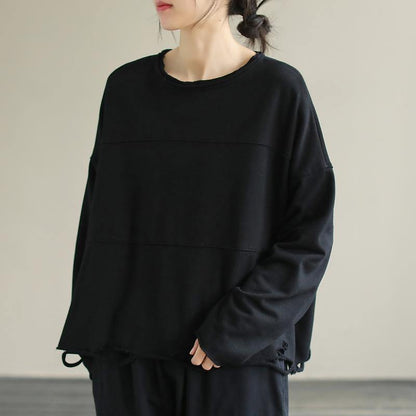 Italian O Neck Cotton Spring Tunic Pattern Pattern Black Blouse