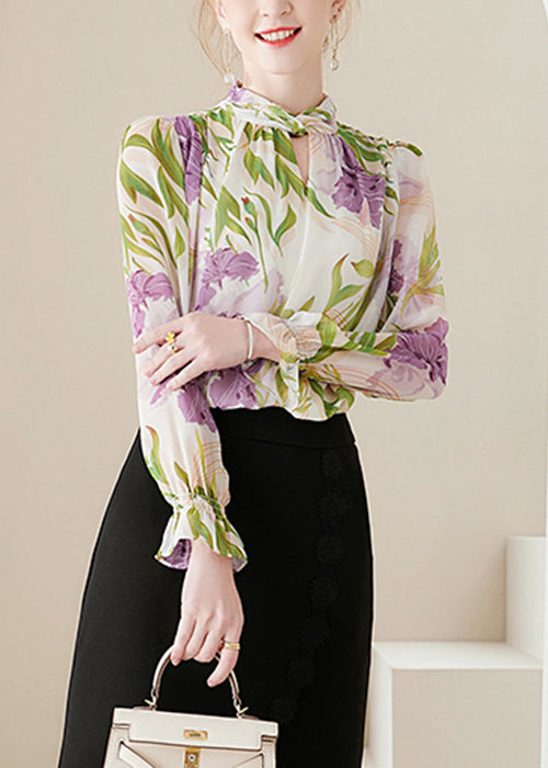 Apricot Print Patchwork Chiffon Blouses Flare Sleeve