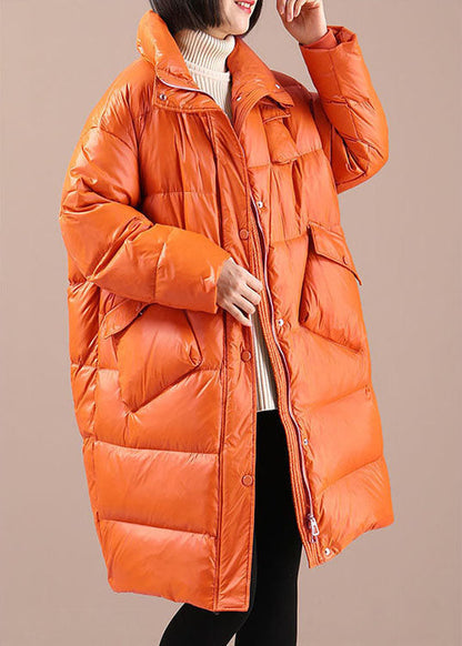 Orange Loose Stand Collar Pockets Winter Duck Down Coats