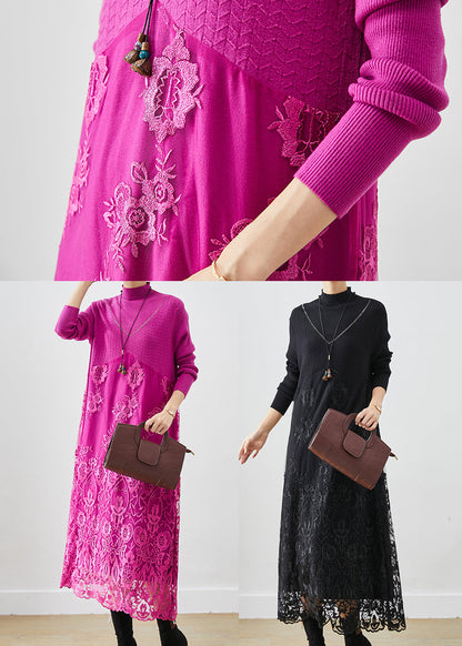 Handmade Black Embroideried Patchwork Knit Dress Fall