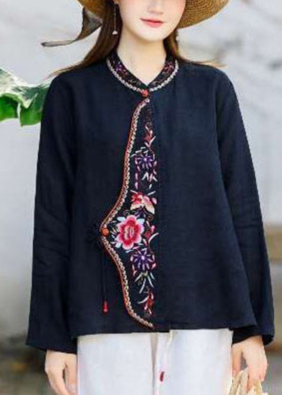 Oriental Blue O-neck Tie Waist Embroideried Linen Tops Spring