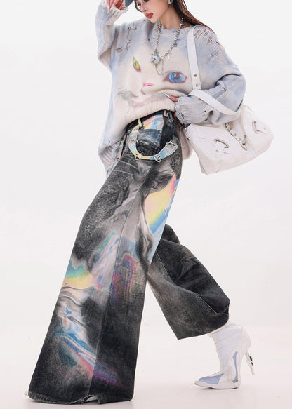 Black Oversized Tie Dye Denim Wide Leg Pants Fall