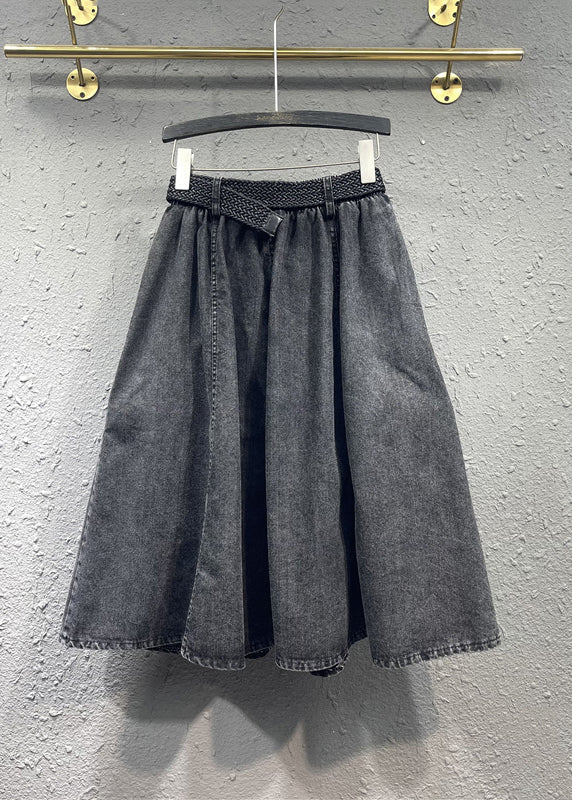 Black Gray Elastic Waist Pleated Pocket Denim Skirt Autumn
