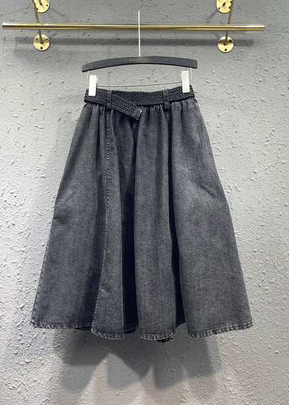 Black Gray Elastic Waist Pleated Pocket Denim Skirt Autumn