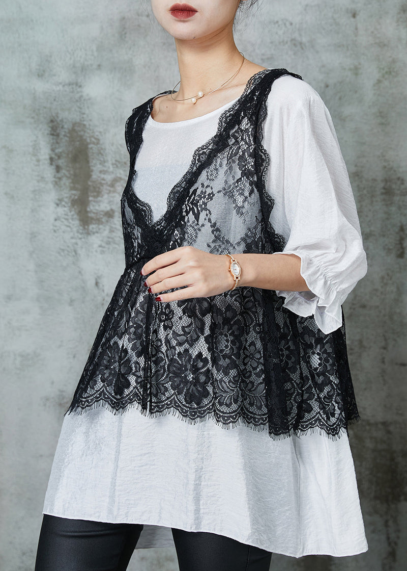 Organic White Oversized Lace Vest and Tanks Two Pieces Set Summer