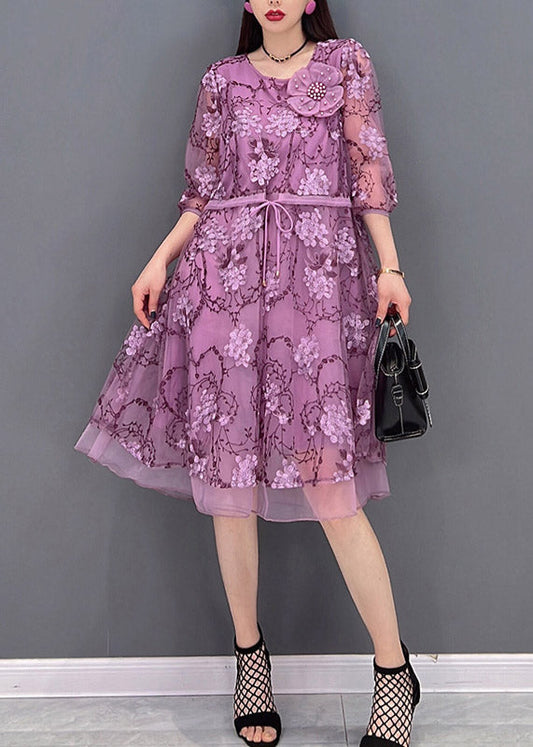 Purple O-neck Print Tie Waist Tulle Patchwork Chiffon Dresses Three Quarter Sleeve