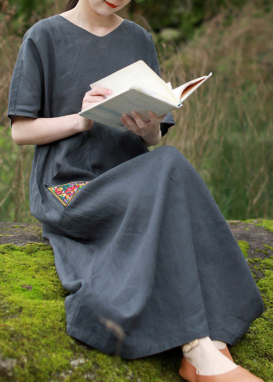 Grey Embroideried V Neck Patchwork Linen Dress Short Sleeve