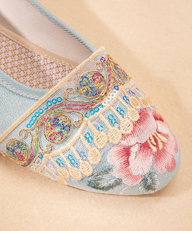 Light Blue Satin Embroideried Shoes Splicing Wedge Pointed Toe