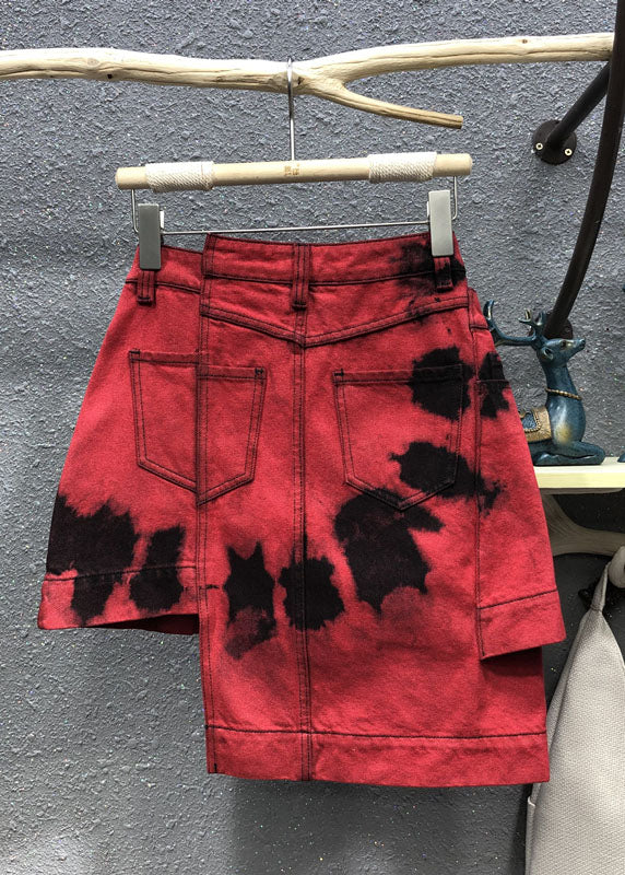 Red High Waist Patchwork Button Asymmetrical Denim Skirt Summer