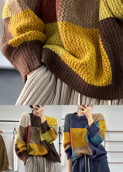 Boutique Khaki O-neck Thick Patchwork Knit Sweater Winter