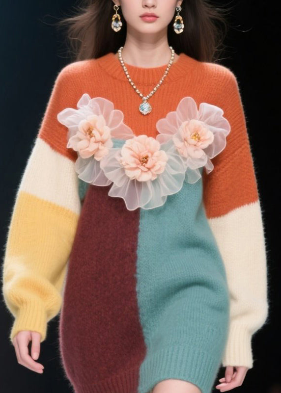 Classy Colorblock O Neck Knit Long Sweater Winter