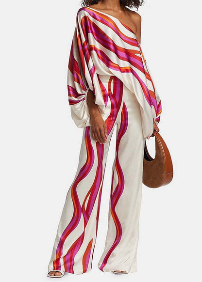 European and American Style Rose Slash Neck Print Silk Two Pieces Set Batwing Sleeve
