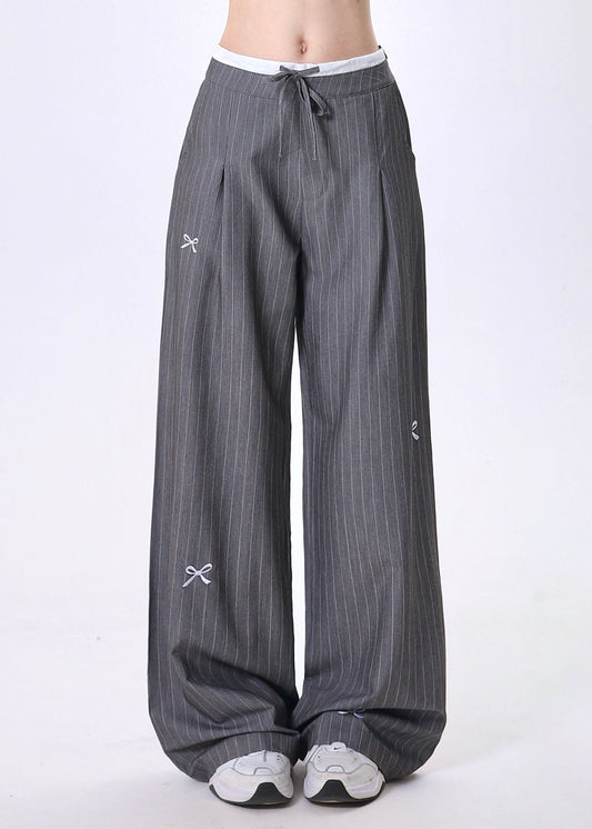 Grey Embroidered Bow Striped Patchwork Cotton Pants Spring