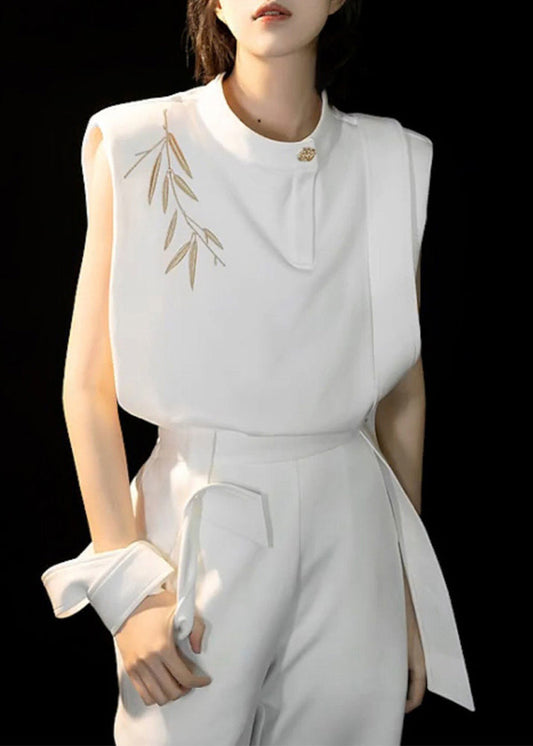 Chinese Style White O-neck Embroidered Top and Straight Pants Two Piece Set Summer