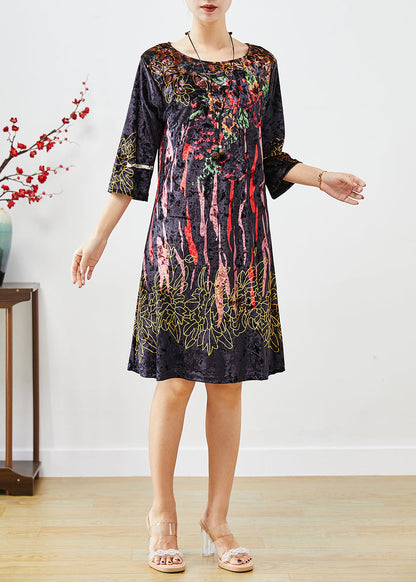 Black Print Silk Velour Maxi Dresses Half Sleeve
