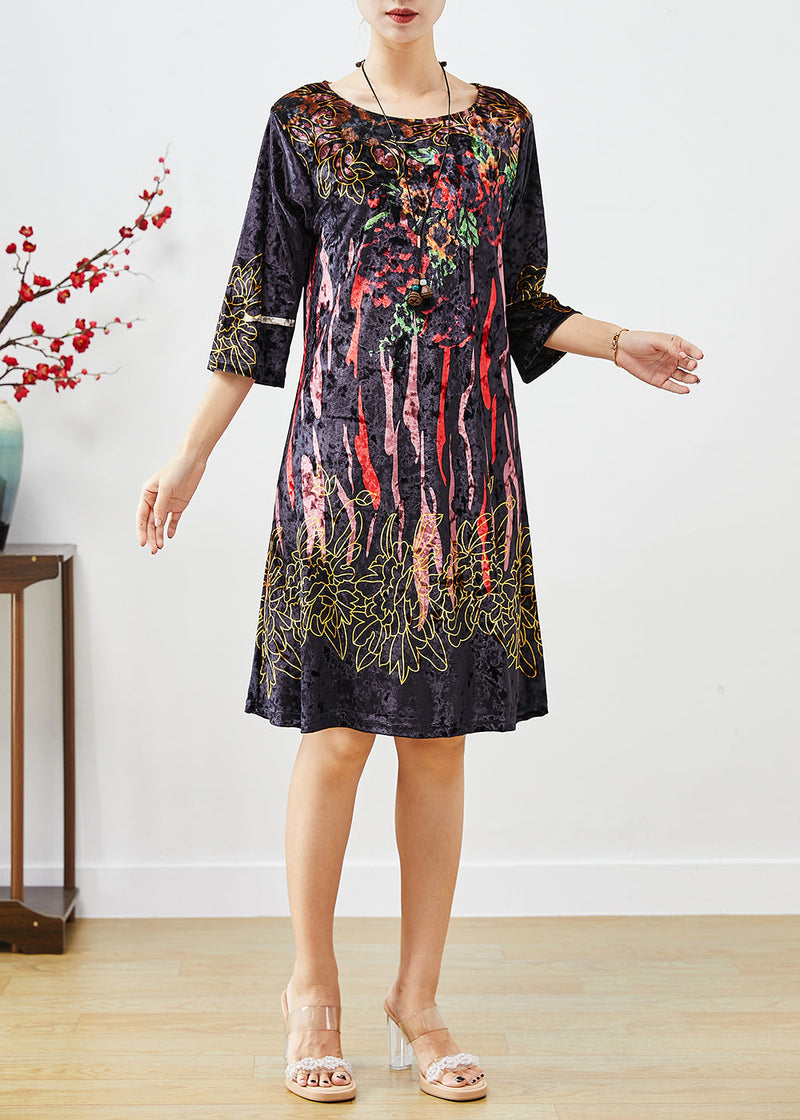 Black Print Silk Velour Maxi Dresses Half Sleeve